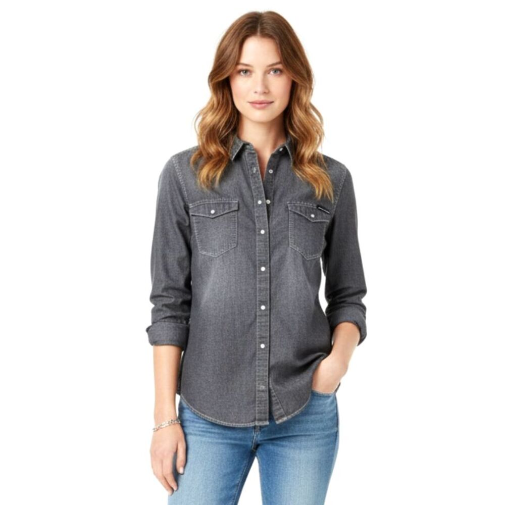 Calvin‎ Klein Jeans Womens Small Gray Denim Western Shirt Snap Buttons Faded